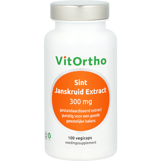 VitOrtho Sint Janskruid extract 300 mg vegetarian capsules, herbal supplement in a clear plastic bottle with capsules inside.