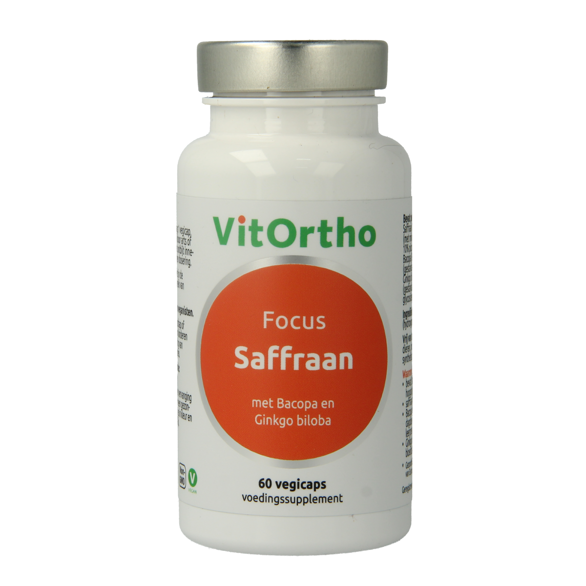 VitOrtho Saffraan focus vegetarian capsules, herbal supplement in a white bottle with a label, displayed on a plain background.