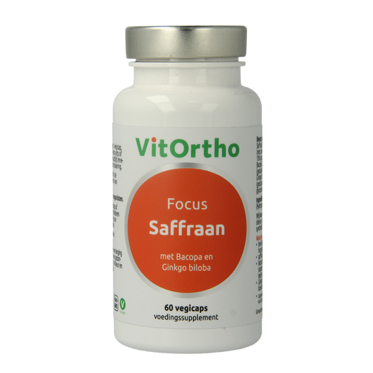 VitOrtho Saffraan focus vegetarian capsules, herbal supplement in a white bottle with a label, displayed on a plain background.