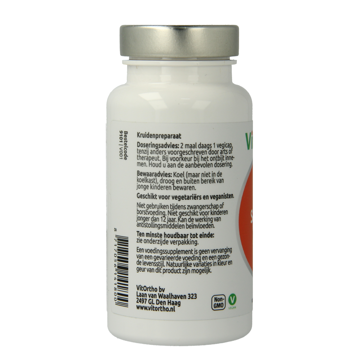 VitOrtho Saffraan focus vegetarian capsules in a bottle, herbal supplement for wellness, with saffron extract visible on the label.