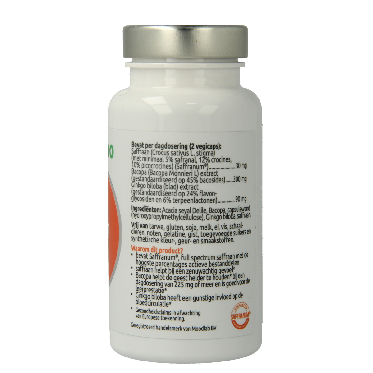 VitOrtho Saffraan Focus herbal capsules, vegetarian dietary supplement in a clear bottle with a white cap.