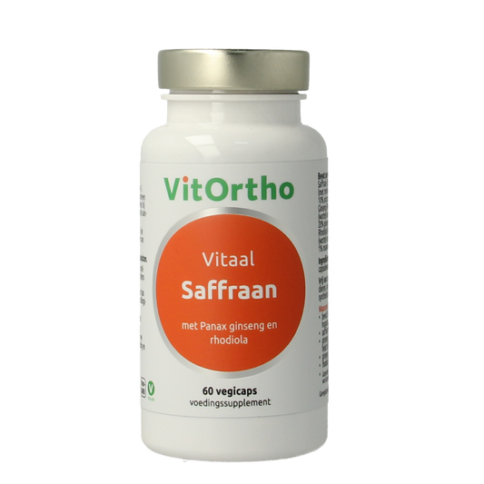 VitOrtho Saffraan Vitaal vegetarian capsules, herbal supplement in a clear bottle with capsules visible inside.