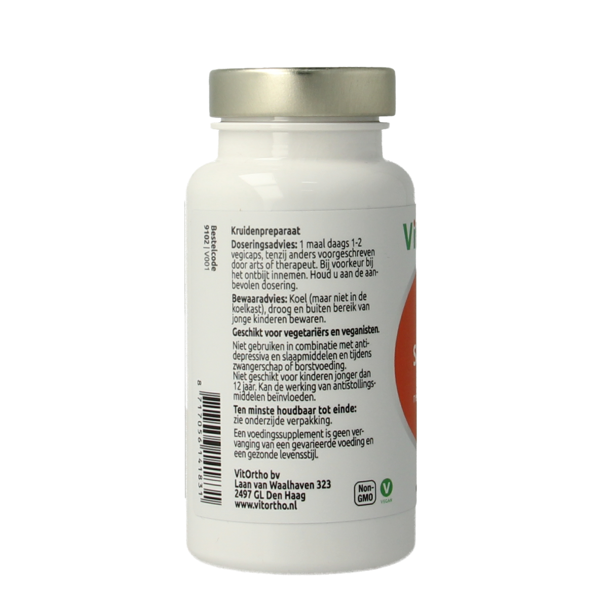VitOrtho Saffraan vitaal vegetarian capsules, herbal supplement in clear bottle with yellow label and capsules inside.