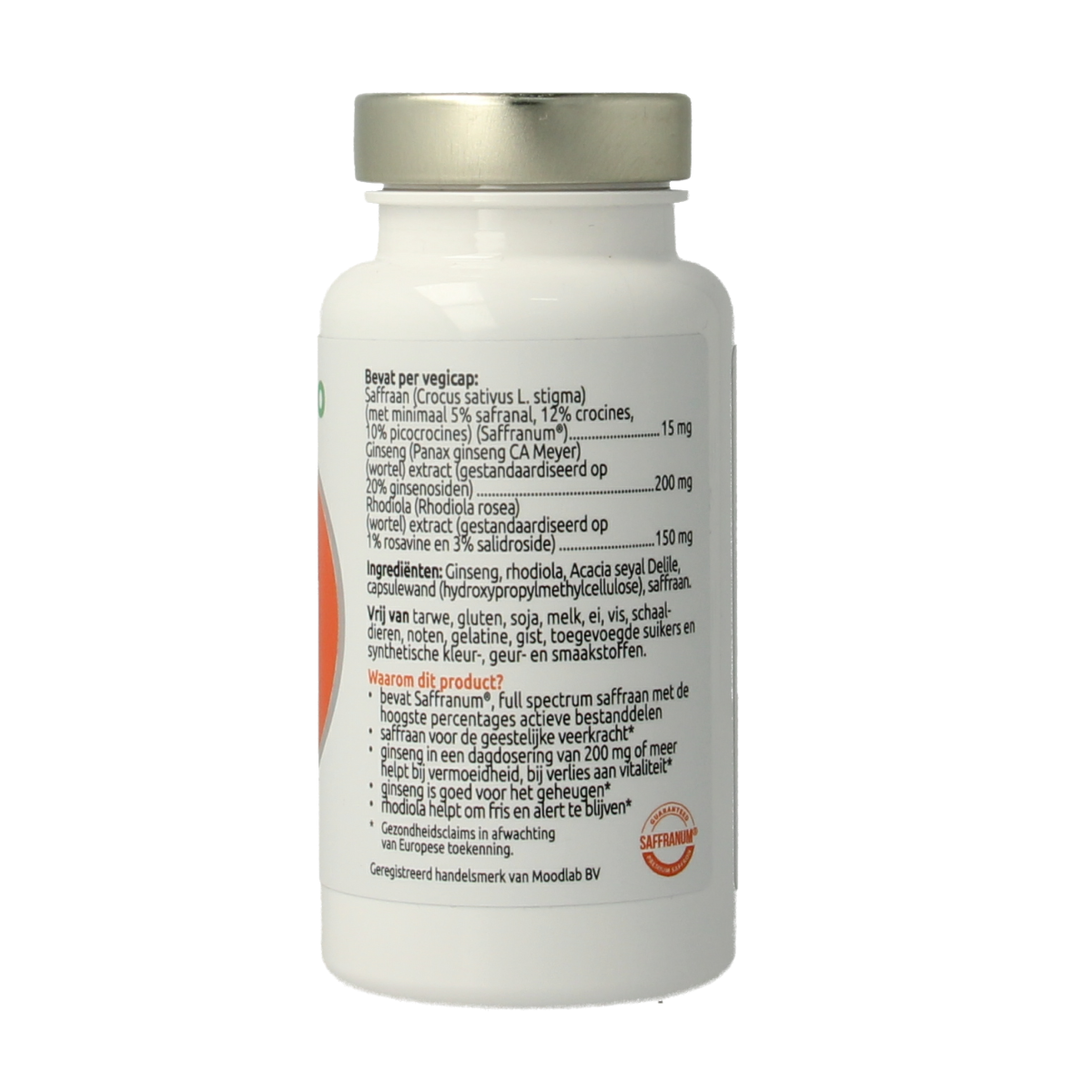 VitOrtho Saffraan Vitaal vegetarian capsules in a bottle, herbal supplement product, with orange capsules visible inside the container.
