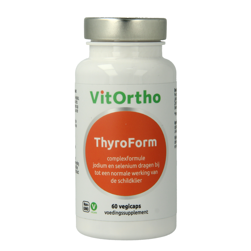 VitOrtho ThyroForm 60 vegetarian mineral capsules, dietary supplement in a clear bottle, with label showing product details.