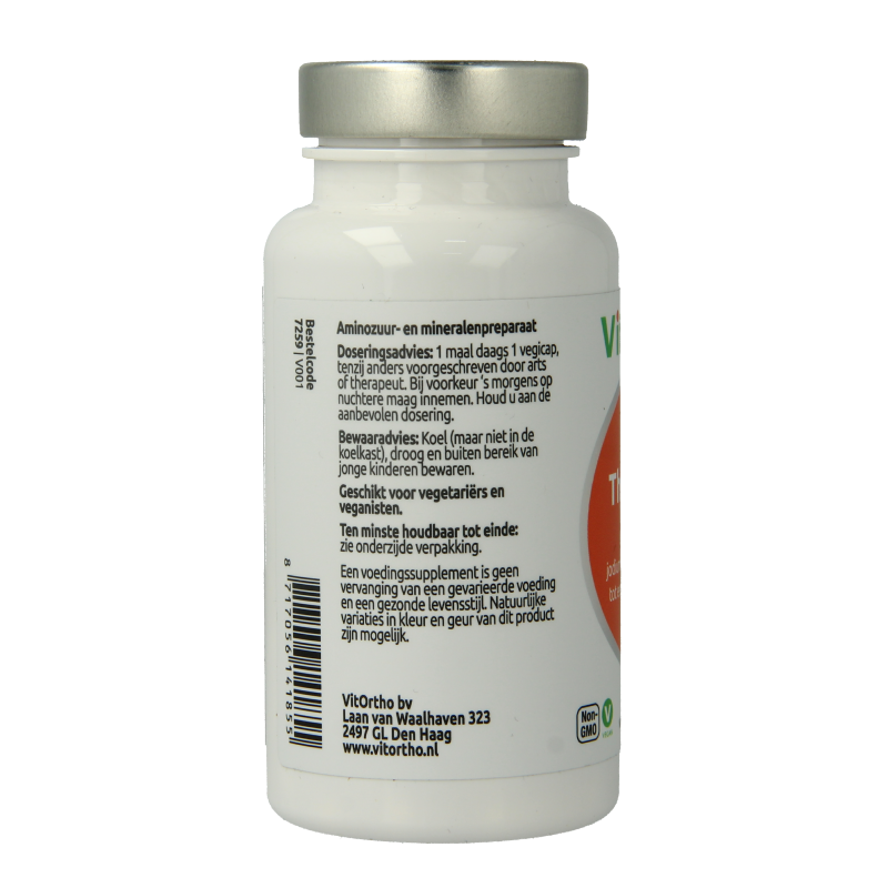 Bottle of VitOrtho ThyroForm 60 vegetarian mineral capsules for thyroid health, shown in a clear container with capsules inside.