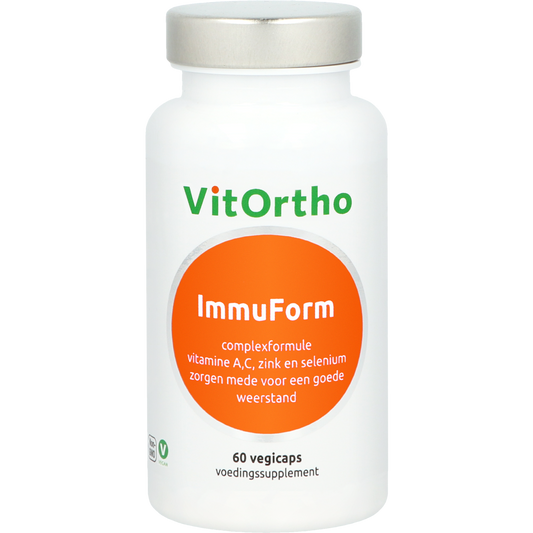 Vegetarian VitOrtho ImmuForm VH multi-vegetable capsules for immune support, shown in a clear container.