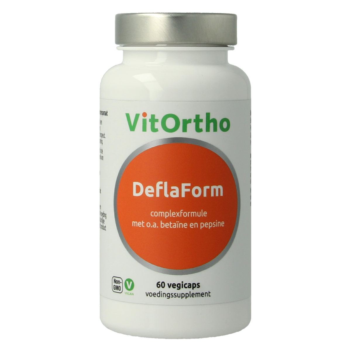VitOrtho Deflaform mineral multivitamin capsules for vegetarians, displayed in a clear container with capsules inside.