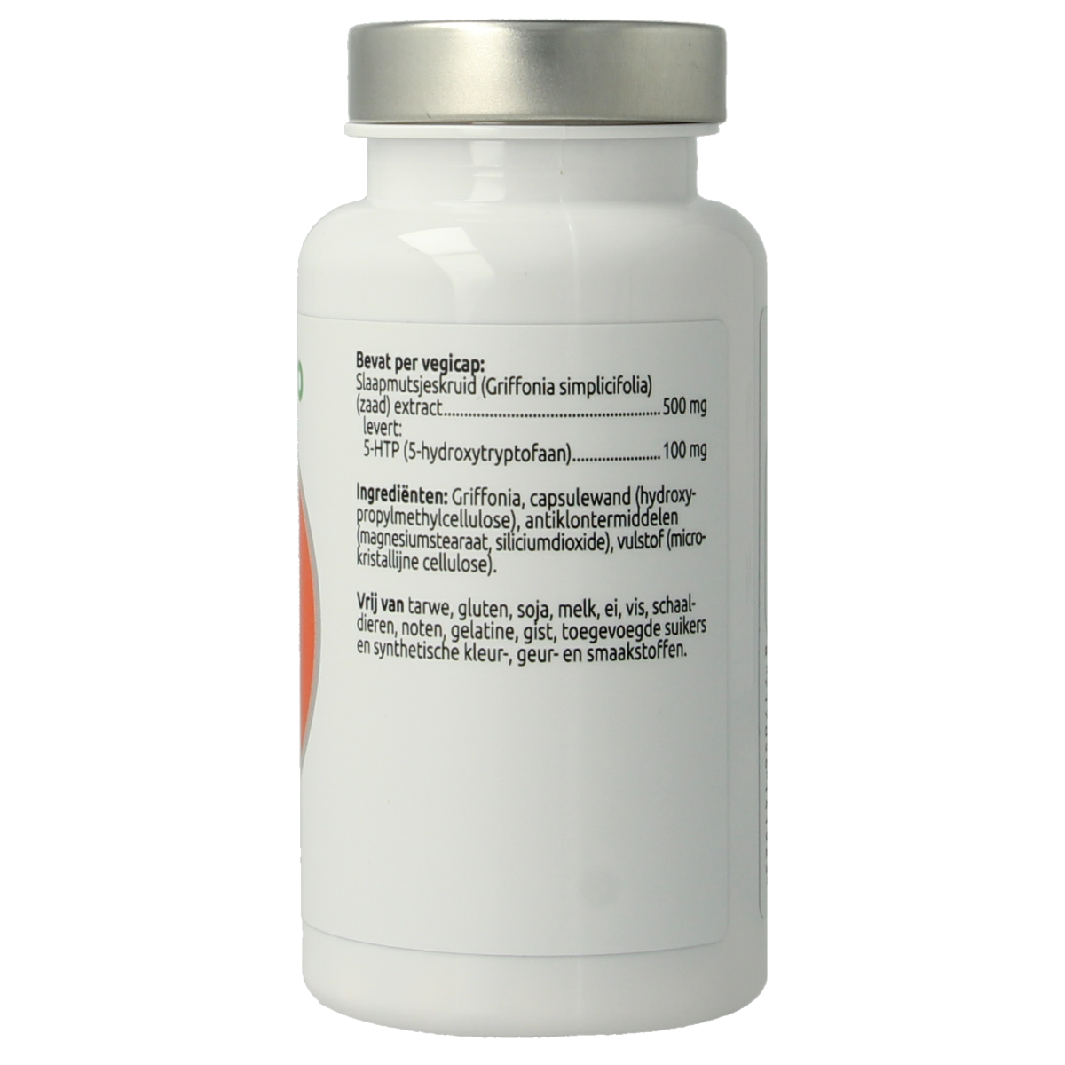VitOrtho 5-HTP griffonia extract vegetarian capsules, herbal supplement in a white bottle with label and capsules visible.