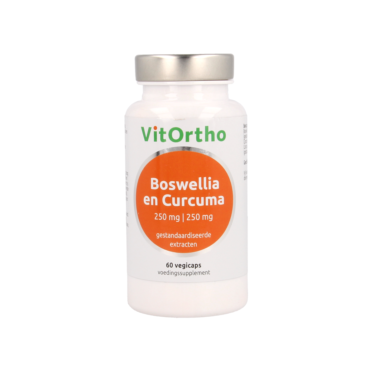 Vegetarian capsules of VitOrtho Boswellia 250mg with curcuma 250mg, herbal supplement in clear capsule bottles.