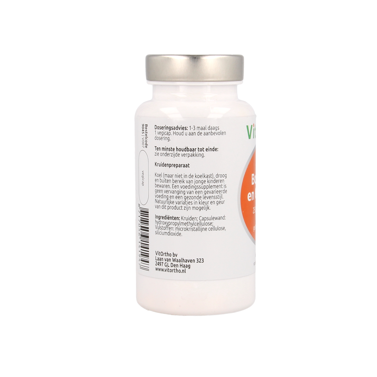 Vegetarian capsules of VitOrtho Boswellia 250mg with Curcuma 250mg, herbal supplement in clear bottle with label.