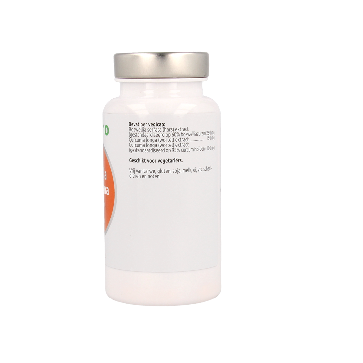 Vegetarian capsules of VitOrtho Boswellia 250mg with curcuma 250mg, herbal supplement in a clear container.