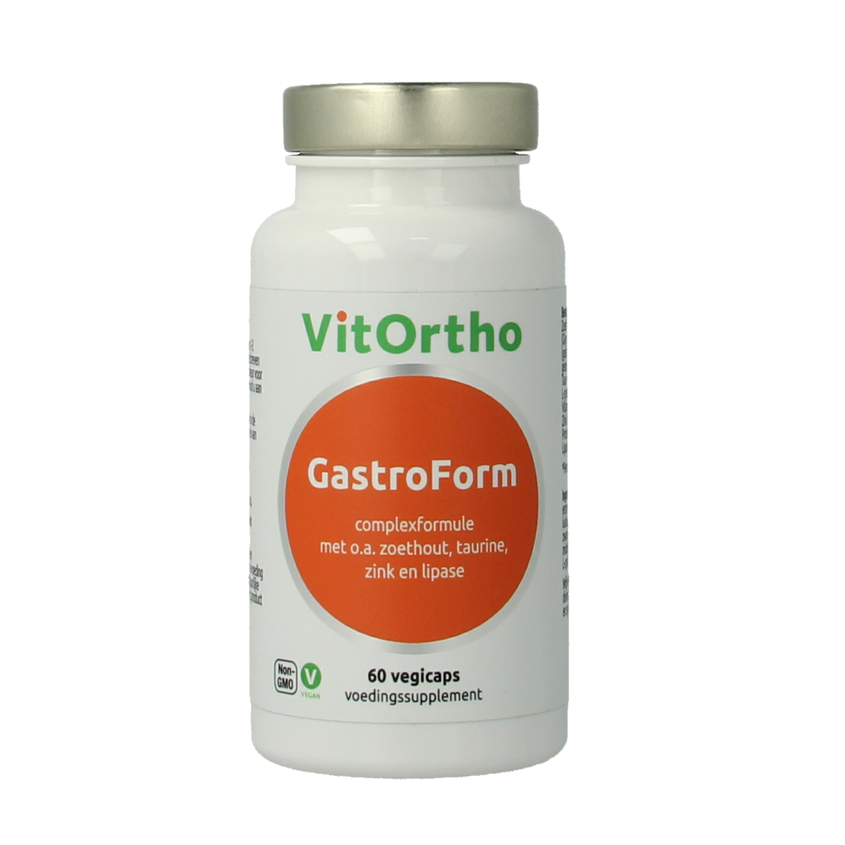 VitOrtho Gastroform vegetarian herbal capsules in a bottle, dietary supplement for digestive health, shown in the image.