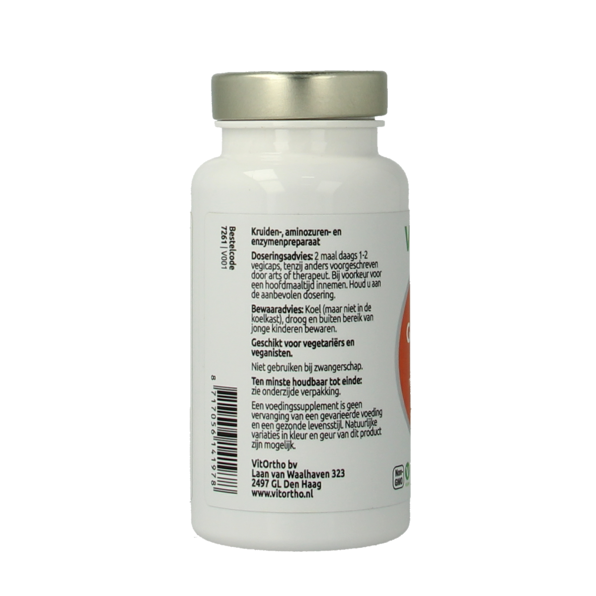 Vegetarische capsules of VitOrtho Gastroform herbal supplement in a white bottle, showing the product label and capsules inside.