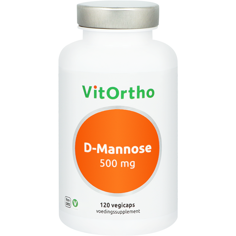 VitOrtho D-Mannose 500mg vegetarian capsules, herbal supplement for urinary health, shown in the image.