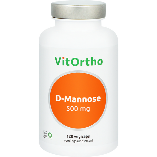 VitOrtho D-Mannose 500mg vegetarian capsules, herbal supplement for urinary health, shown in the image.