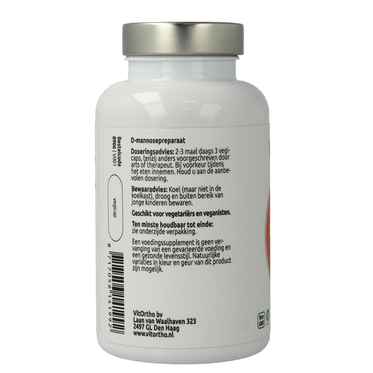 VitOrtho D-Mannose 500mg vegetarian capsules, herbal supplement for urinary health, in a clear bottle with capsules inside.