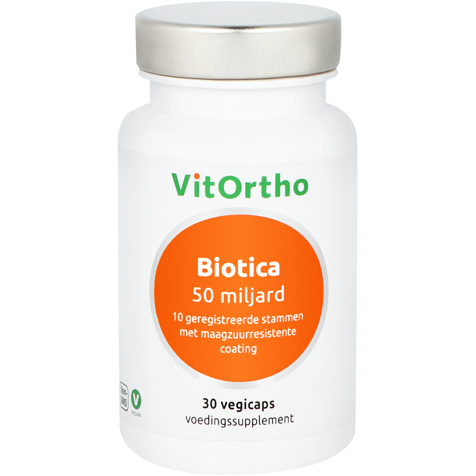 VitOrtho Biotica 50 miljard probiotic capsules with micro-organisms, vegetarian supplement in a clear bottle on a white background.