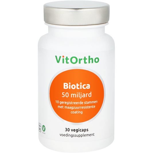 VitOrtho Biotica 50 miljard probiotic capsules with micro-organisms, vegetarian supplement in a clear bottle on a white background.