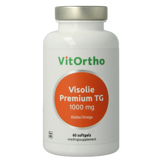 VitOrtho Visolie premium TG 1000mg softgels, Vetzuren supplement, golden softgel capsules for healthy fats and omega-3 oils