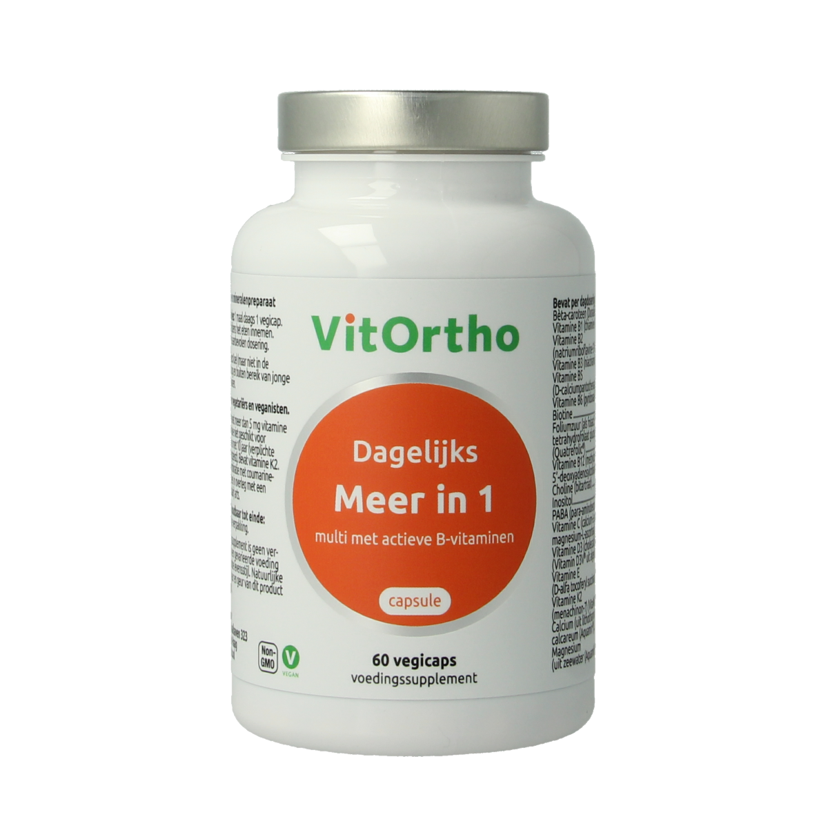 VitOrtho Meer in 1 dagelijks multivitamine capsules, vegetarian supplement, close-up of the bottle and capsules.