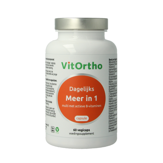 VitOrtho Meer in 1 dagelijks multivitamine capsules, vegetarian supplement, close-up of the bottle and capsules.
