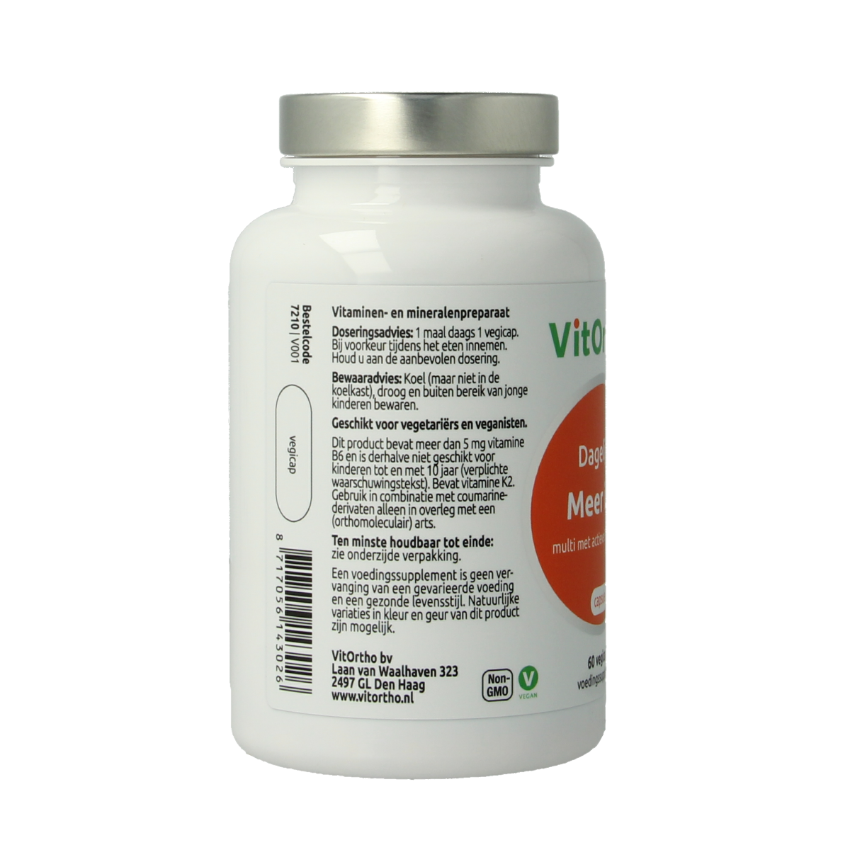 VitOrtho Meer in 1 dagelijks vegetarian multi-vitamin capsules, showing a bottle of 60 capsules on a white background.