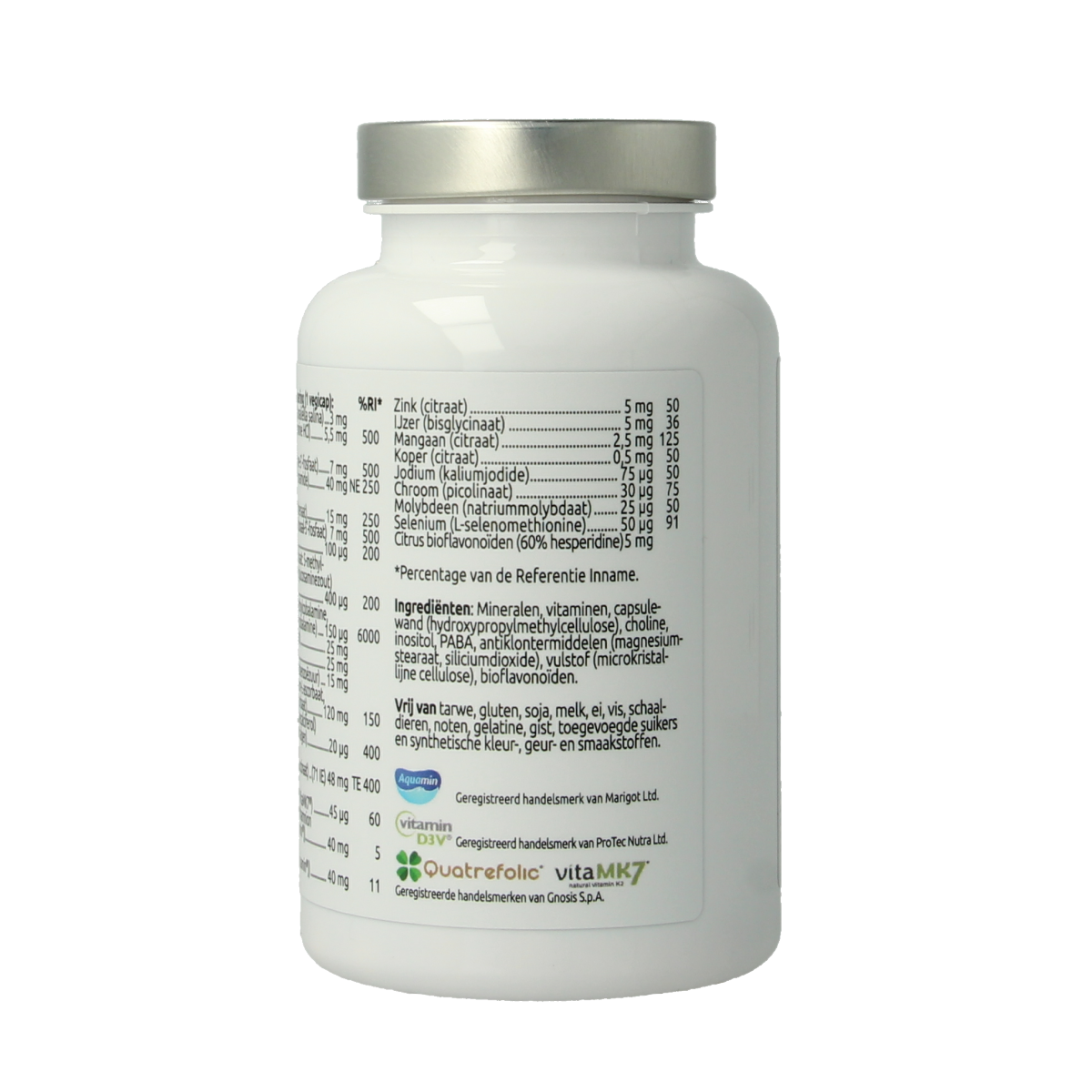 VitOrtho Meer in 1 dagelijks multivitamine vegetarische capsules, dietary supplement in a clear bottle with capsules visible