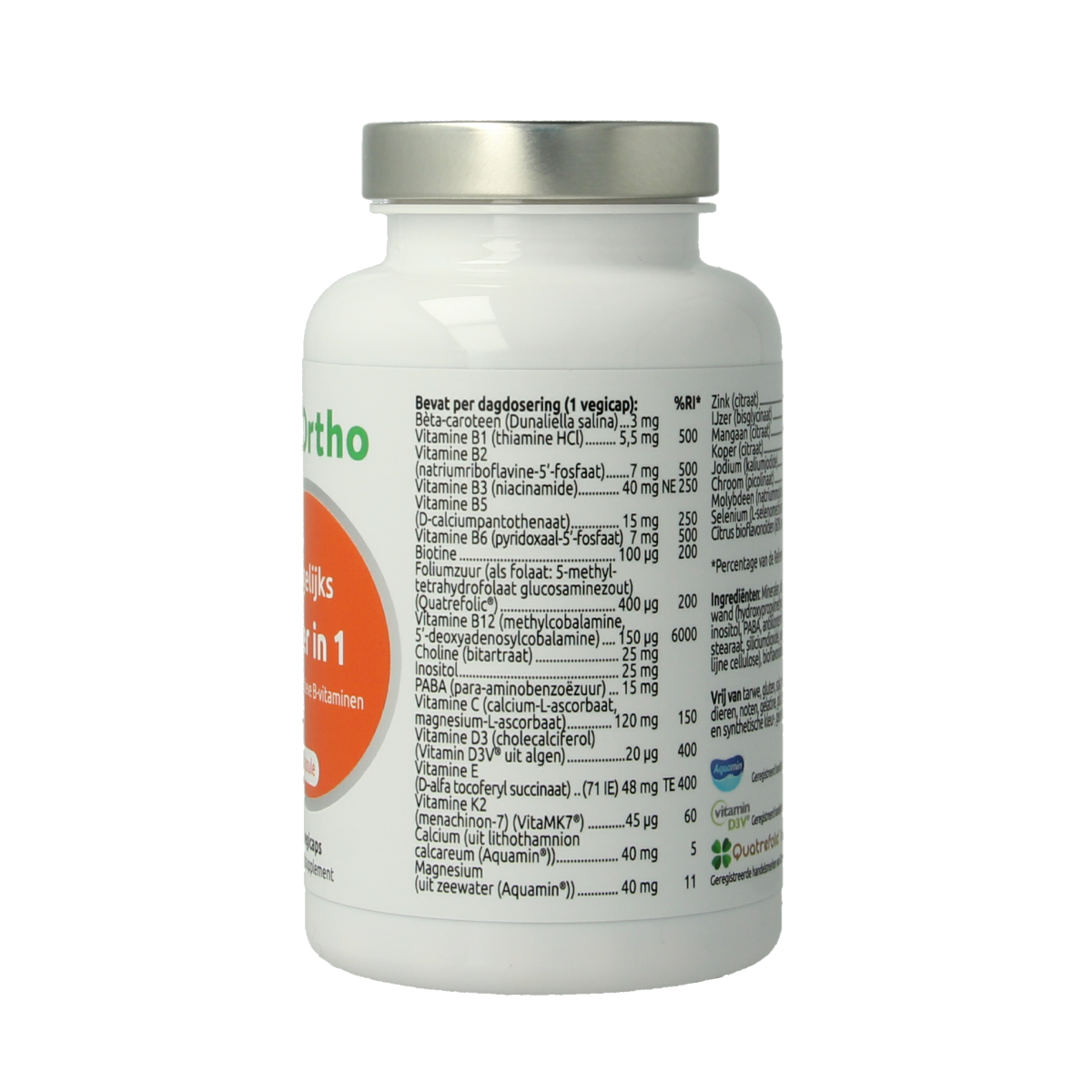 Bottle of VitOrtho Meer in 1 daily vegetarian multivitamin capsules, showing the supplement container and capsules inside.