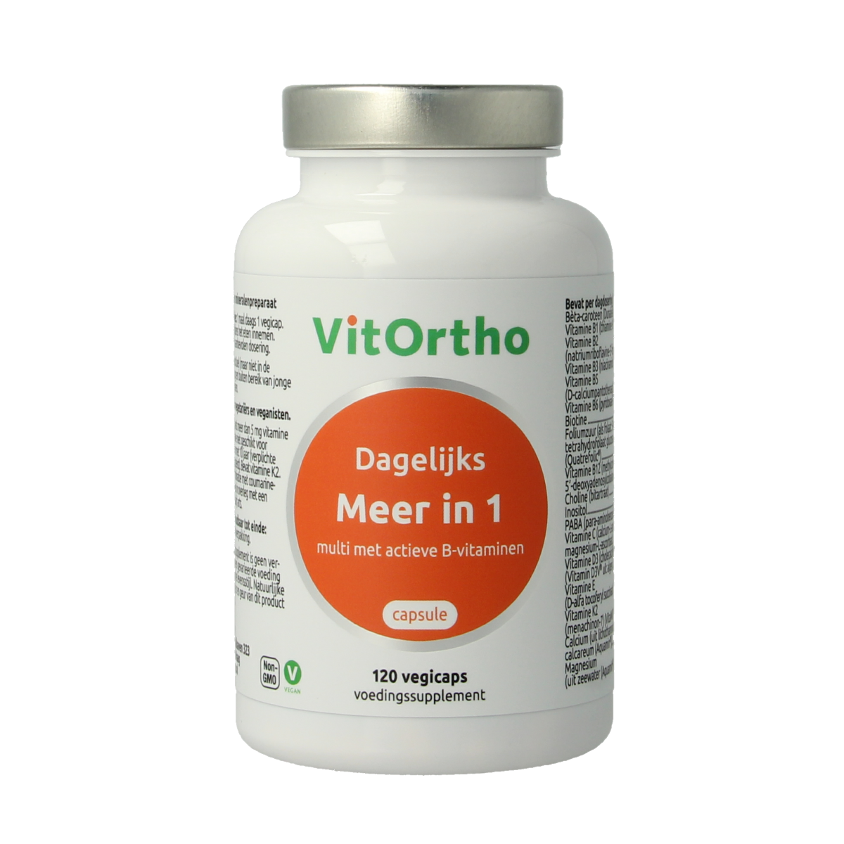 VitOrtho Meer in 1 dagelijks multivitamine capsules, vegetarian dietary supplement, 120 capsules in a bottle.