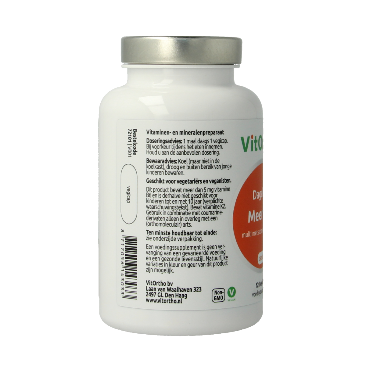 VitOrtho Meer in 1 daily multivitamin capsules, vegetarian supplement, showing a bottle of 120 capsules on a white background
