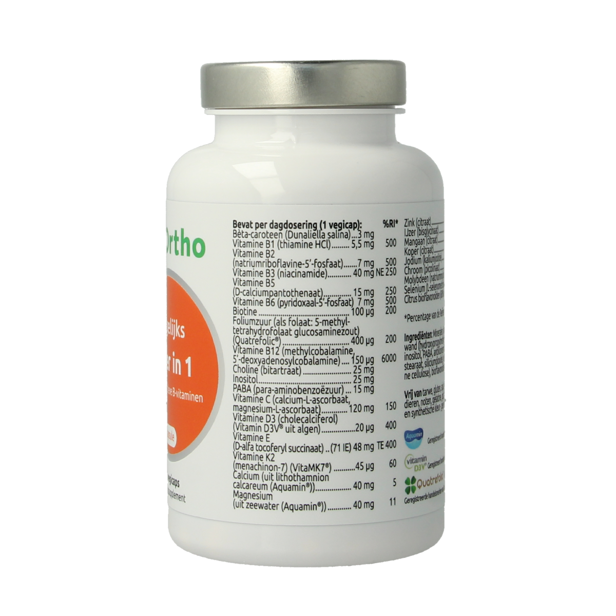 VitOrtho Meer in 1 dagelijks multivitamine capsules, vegetarian supplement, 120 capsules in a clear bottle