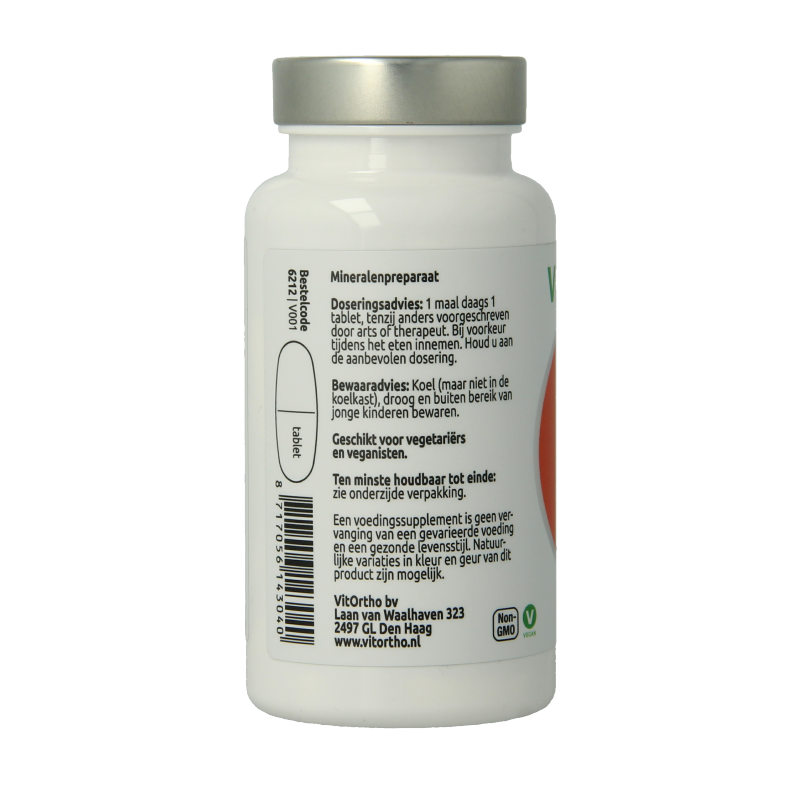 VitOrtho Calcium 4 in 1 mineral supplement tablets, showing a close-up of the bottle with 60 tablets in the container.