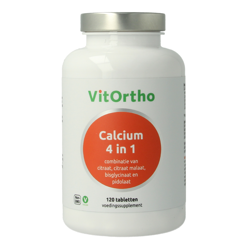 VitOrtho Calcium 4 in 1 mineral supplement box with 120 tablets, showing the product packaging and tablets inside.