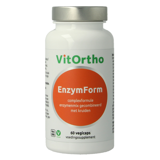 Vegetarian capsules of VitOrtho Enzymform with fibers and enzymes, displayed in a clear bottle on a white background.