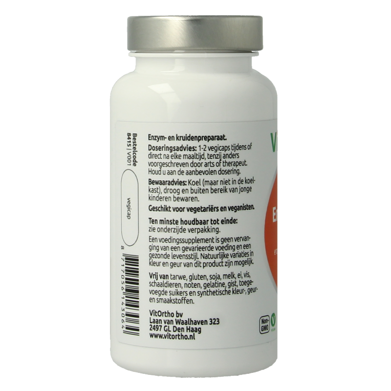 Vegetarian capsules of VitOrtho Enzymform 60, containing fibers and enzymes, displayed in clear blister packaging.