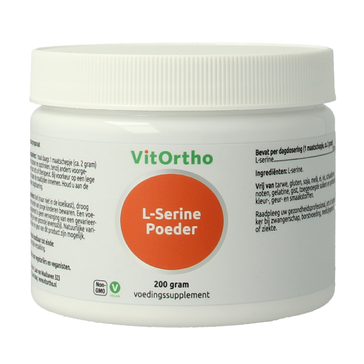 VitOrtho L-Serine amino acid powder in a 200g container, showing the product packaging and label.
