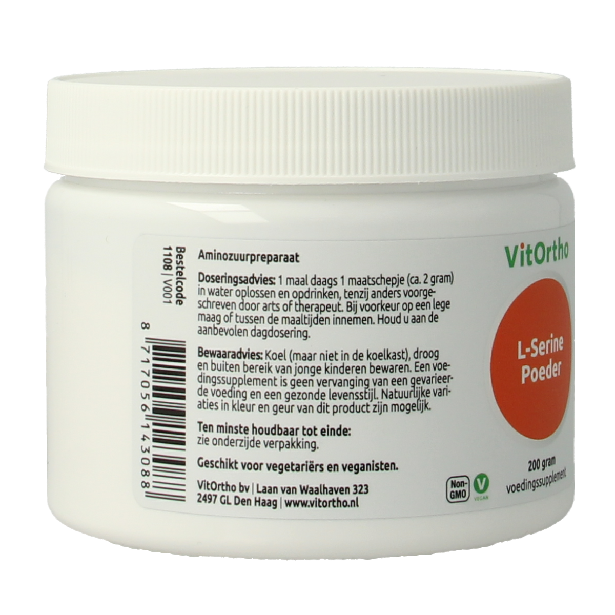 VitOrtho L-Serine amino acid powder in a 200g container, shown with the label and packaging details.