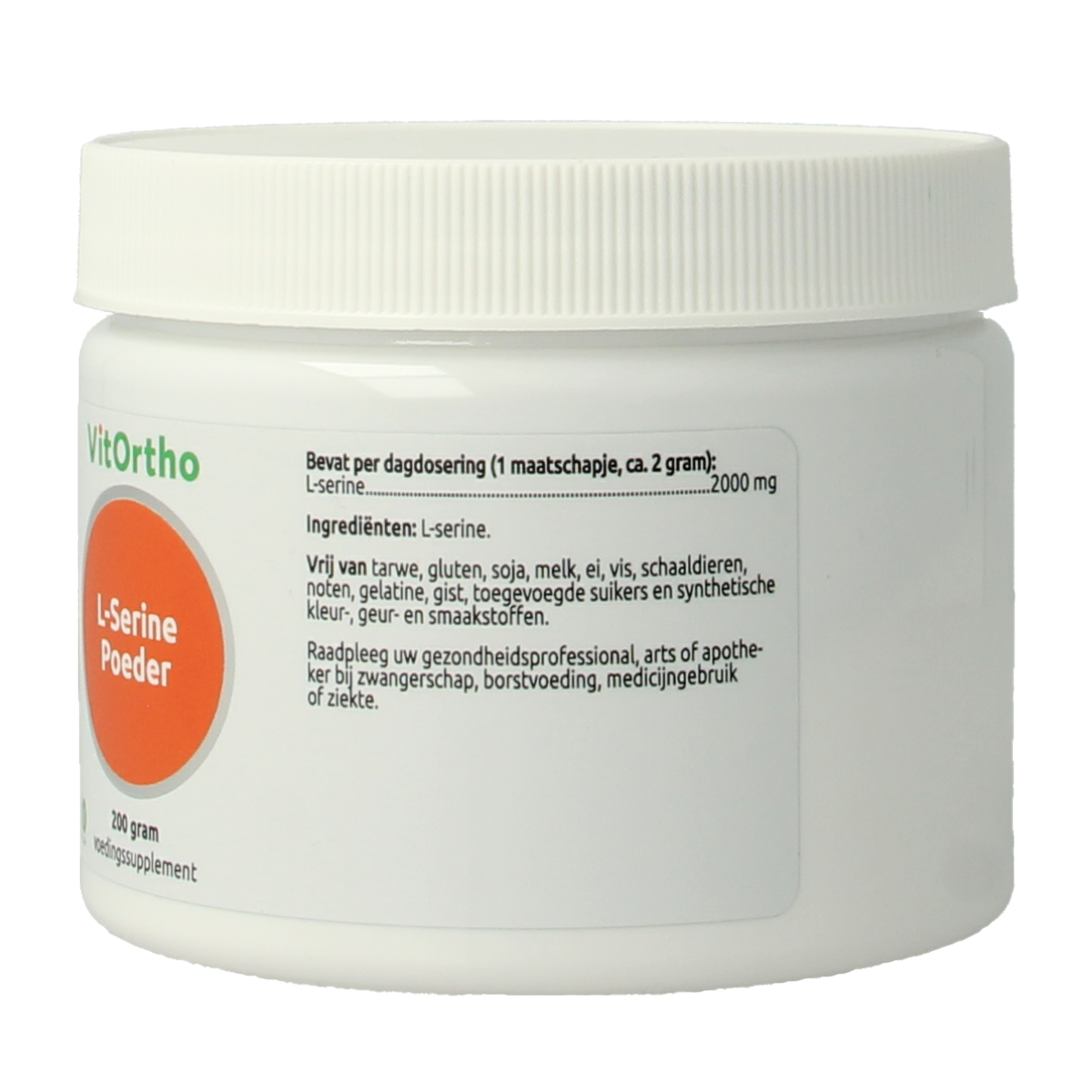 VitOrtho L-Serine amino acid powder in 200g package, white crystalline supplement for health and wellness.