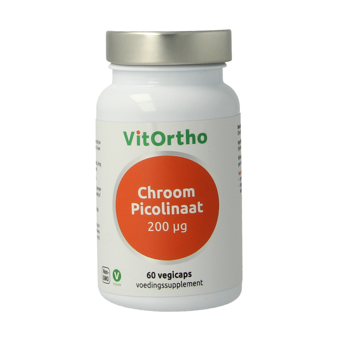 VitOrtho mineral capsules with chrome picolinate, 200mcg, vegetarian dietary supplement in a clear bottle.