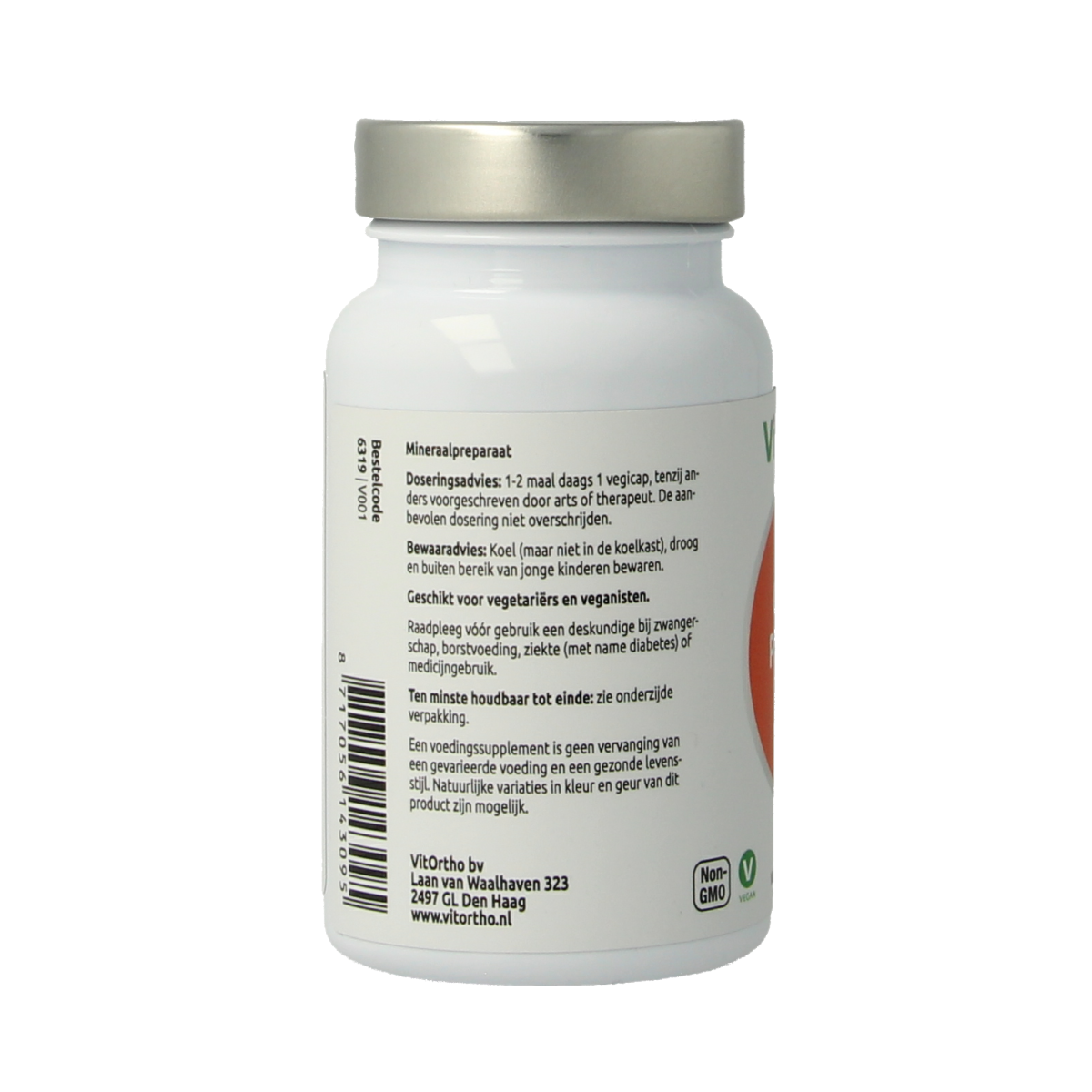 VitOrtho mineral supplement capsules featuring vegetarian Chroom picolinaat 200mcg, shown in a close-up of the capsules.