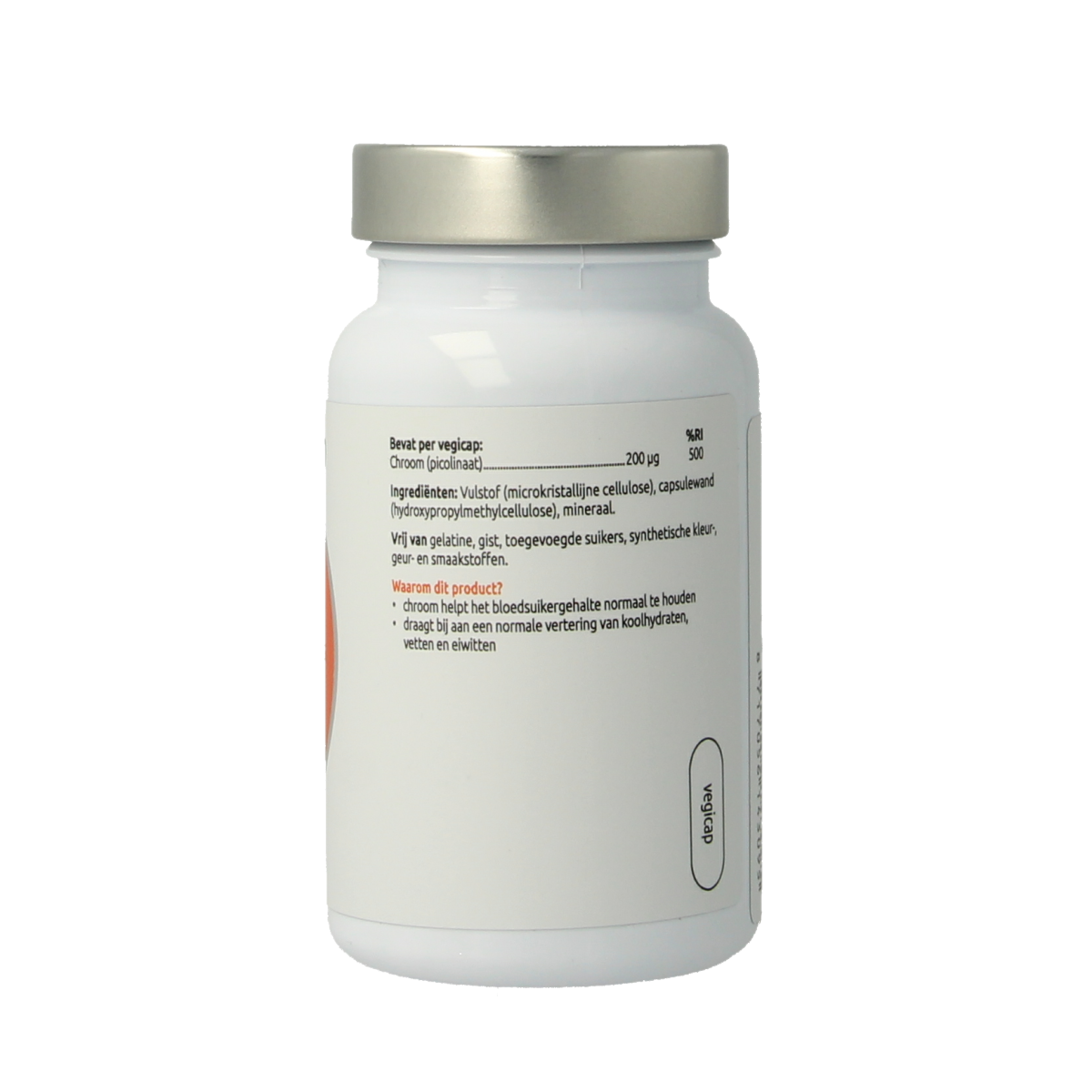 VitOrtho Chroom picolinaat 200mcg vegetarian capsules, mineral supplement, close-up of the supplement capsules in a bottle