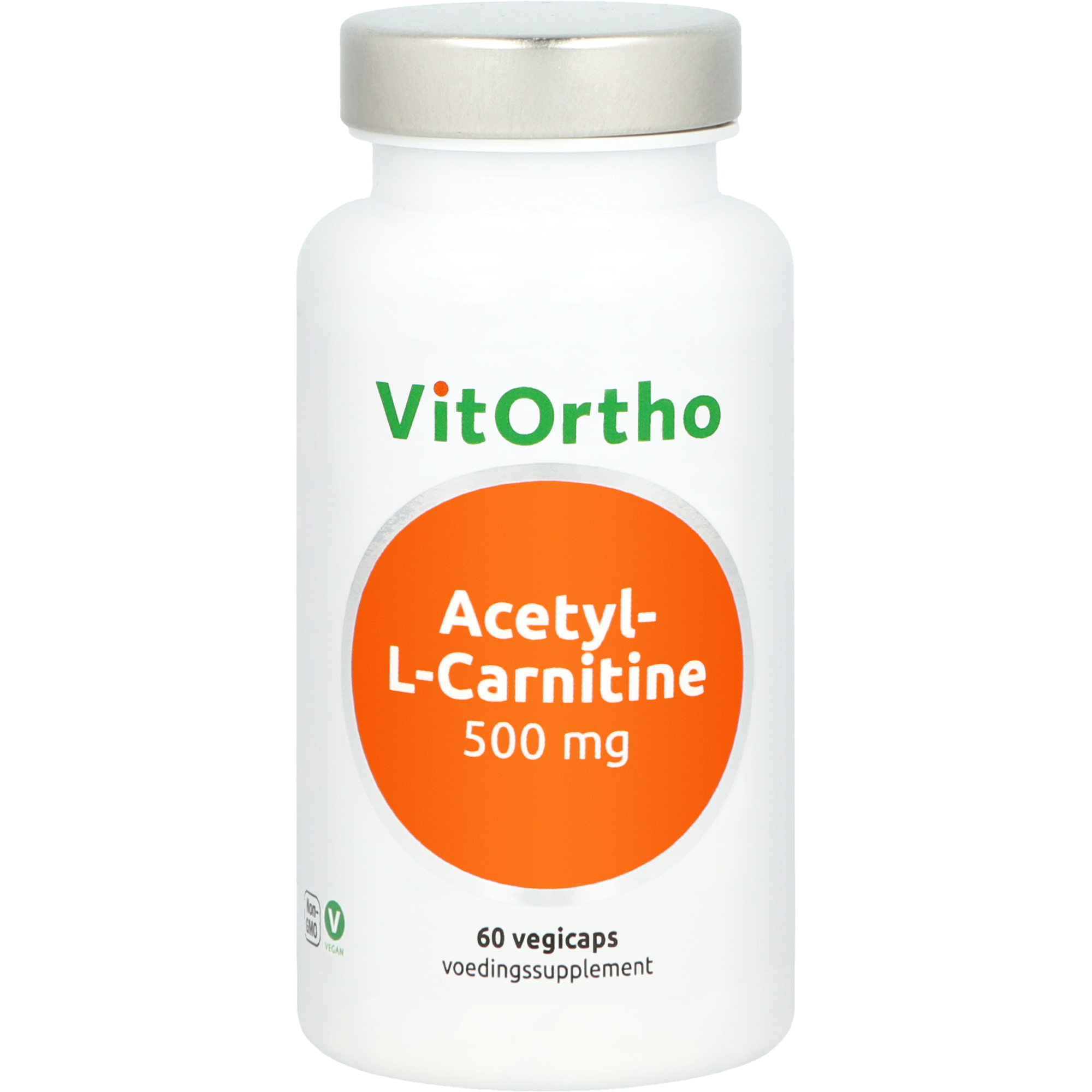 VitOrtho Acetyl-L-Carnitine 500mg vegetarian capsules, amino acids supplement, shown in a bottle with capsules inside.