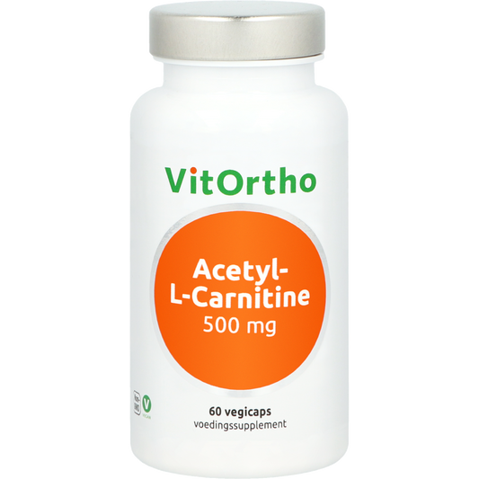 VitOrtho Acetyl-L-Carnitine 500mg vegetarian capsules, amino acids supplement, shown in a bottle with capsules inside.