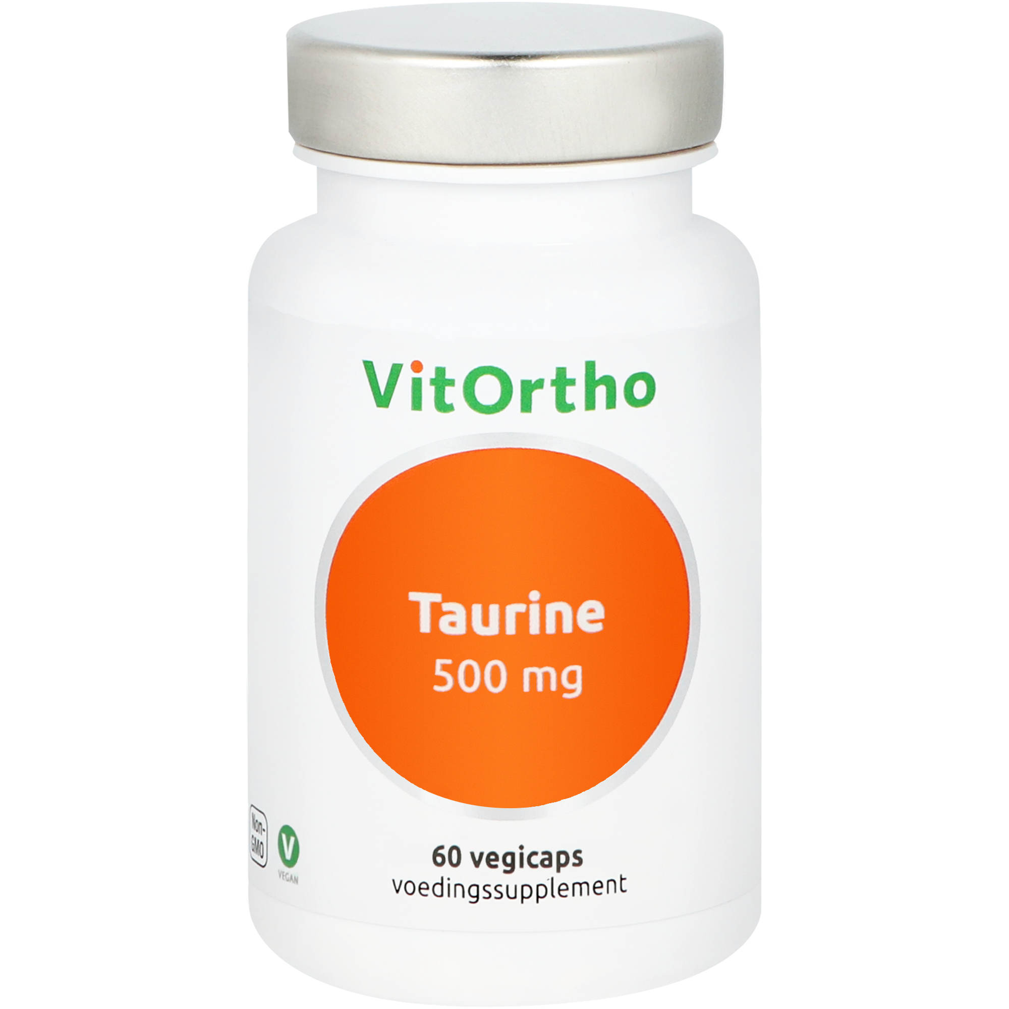 VitaOrtho Taurine 500mg vegetarian capsules, amino acids supplement, close-up of the soft gel capsules in a bottle.