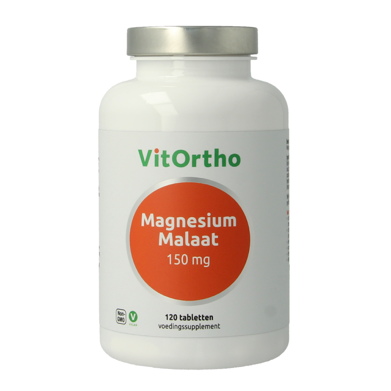 VitOrtho Magnesium Malate 150mg mineral supplement, 120 tablets, showing the bottle and tablets inside the container.