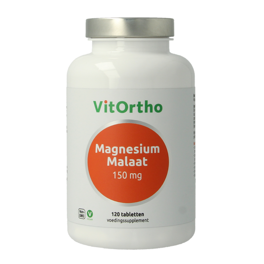 VitOrtho Magnesium Malate 150mg mineral supplement, 120 tablets, showing the bottle and tablets inside the container.