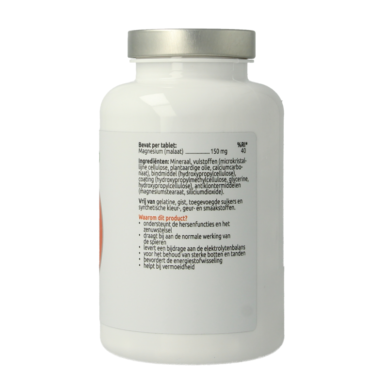 VitOrtho Magnesium malaat supplement bottle with 120 tablets, showing the product label and packaging.