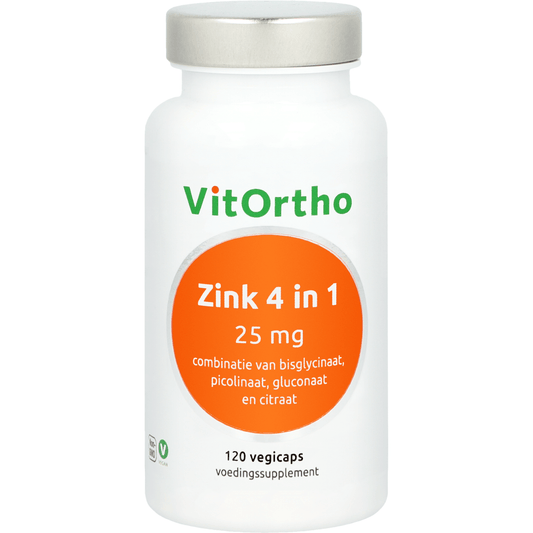 VitOrtho Zink 4 in 1 vegetarian mineral capsules, showing the supplement bottle with capsules inside.