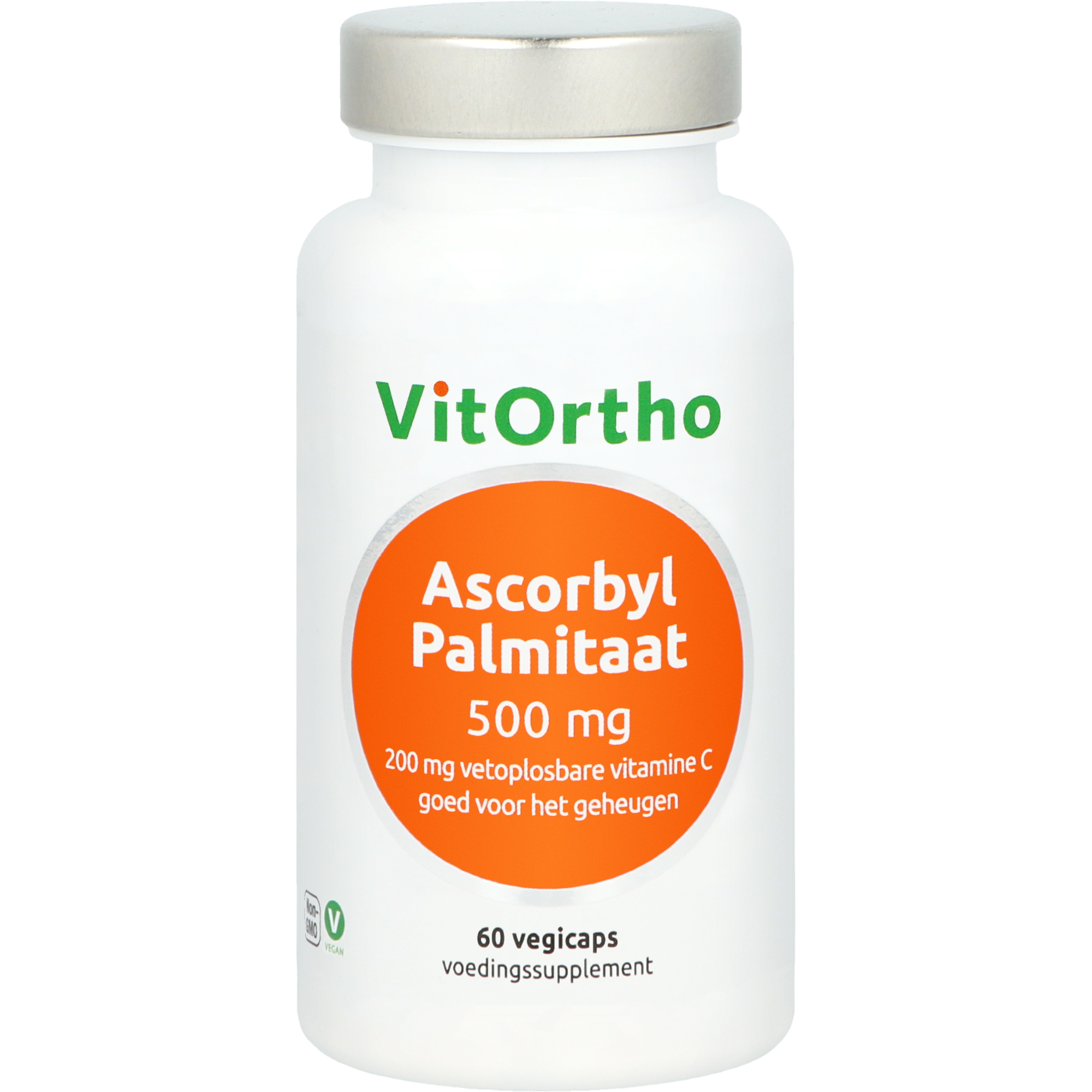 Vegetarian capsules of VitOrtho Ascorbyl Palmitate 500mg, dietary vitamin supplement in clear bottle with label